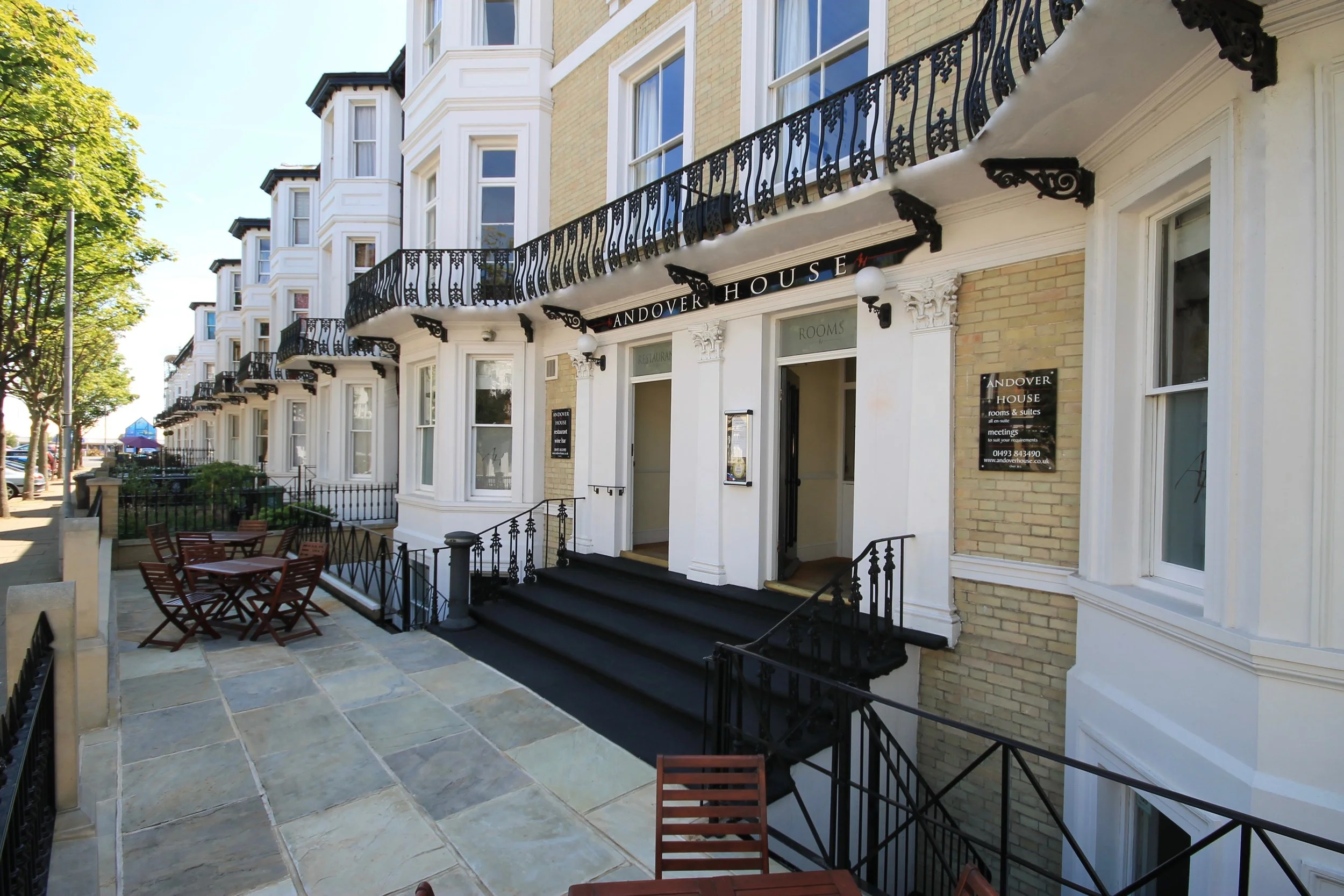 Andover House Boutique Hotel in Great Yarmouth frontage on a tree lined avenue