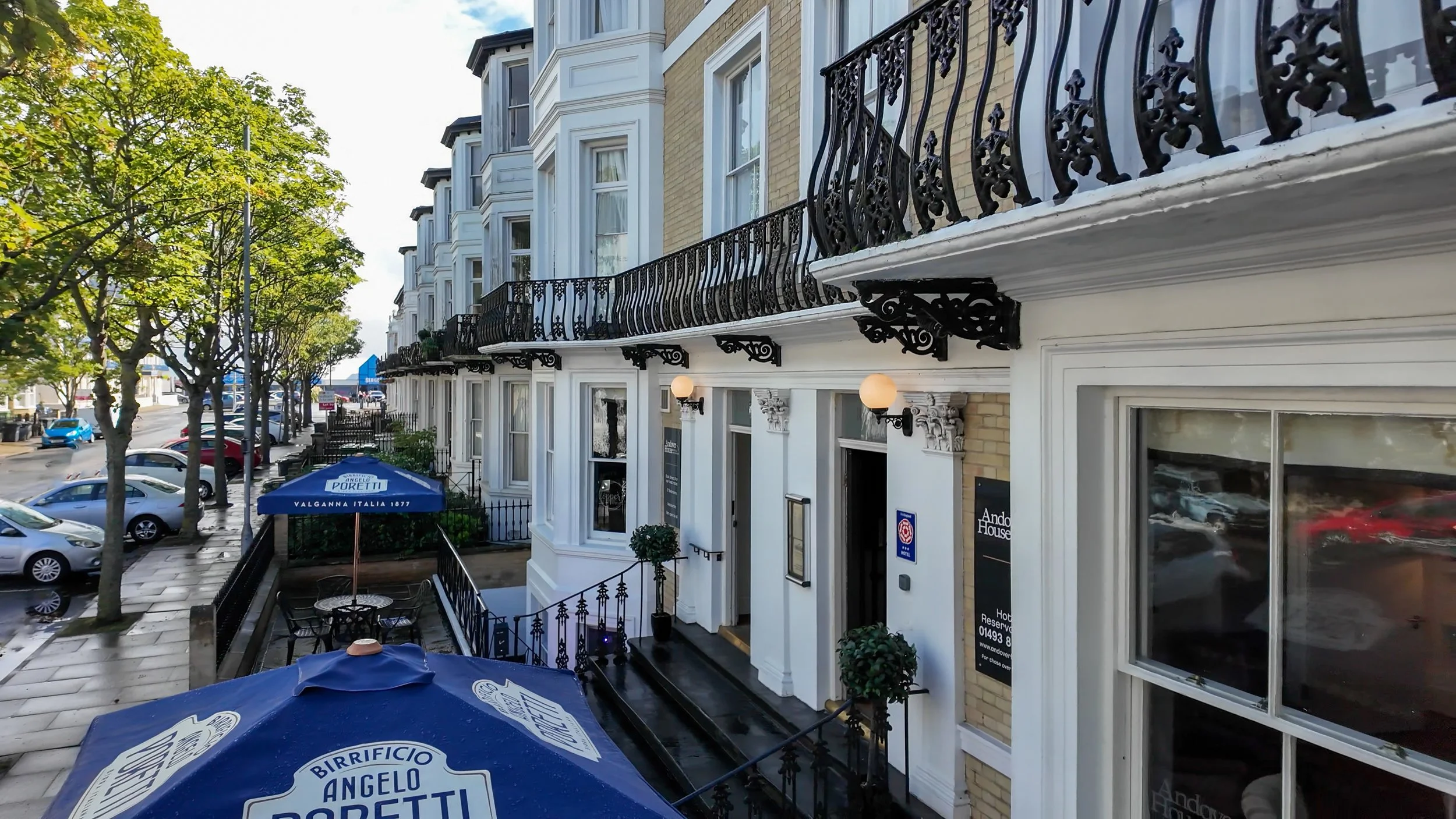 Exterior of Andover House Hotel on a quiet tree-lined street in Great Yarmouth