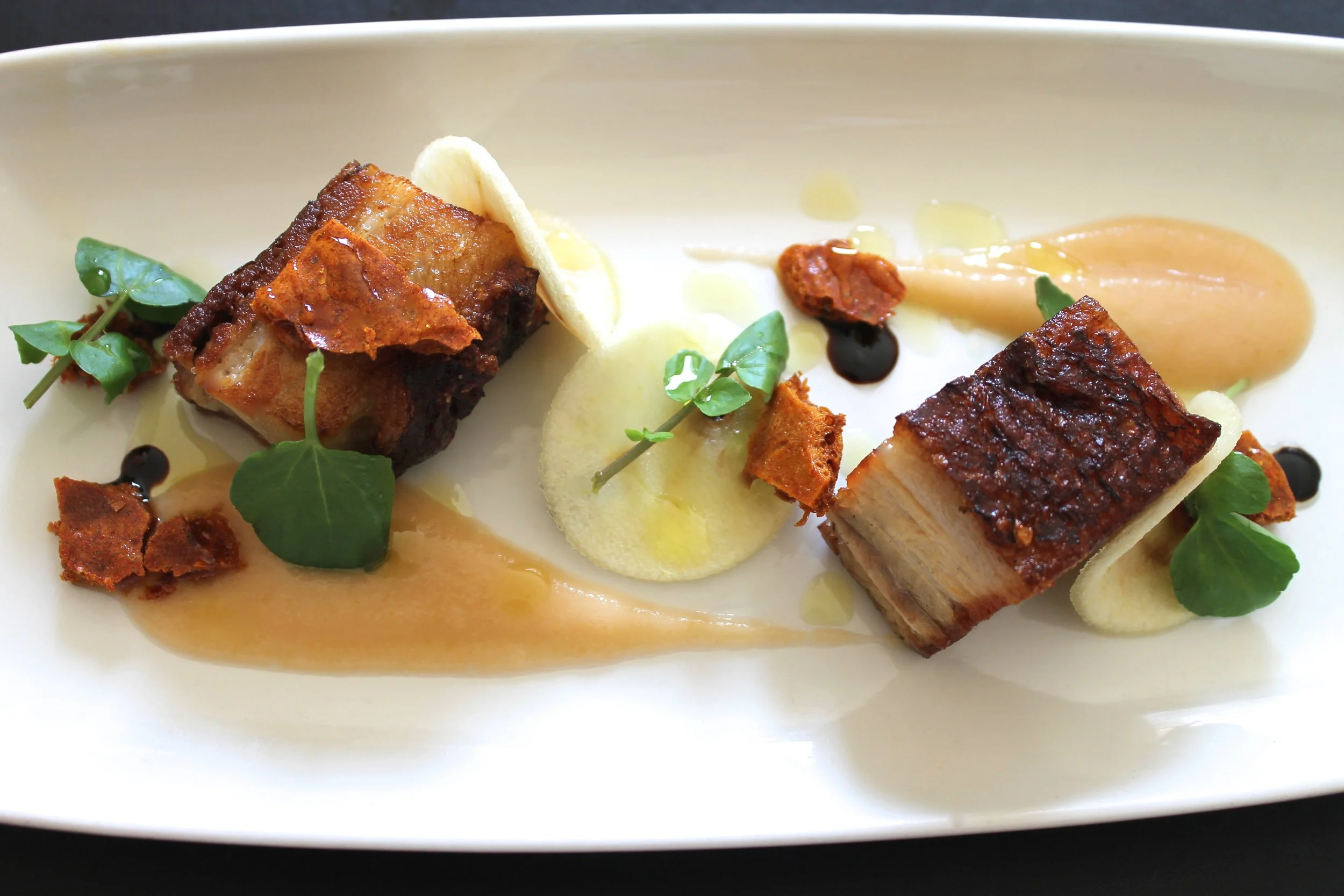 Pork belly starter dish served at Andover House Hotel