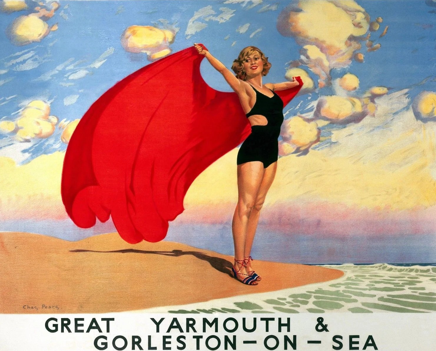 Vintage travel poster featuring a woman with red cape standing on a beach with ocean and sky in the background, promoting Great Yarmouth and Gorleston-on-Sea.