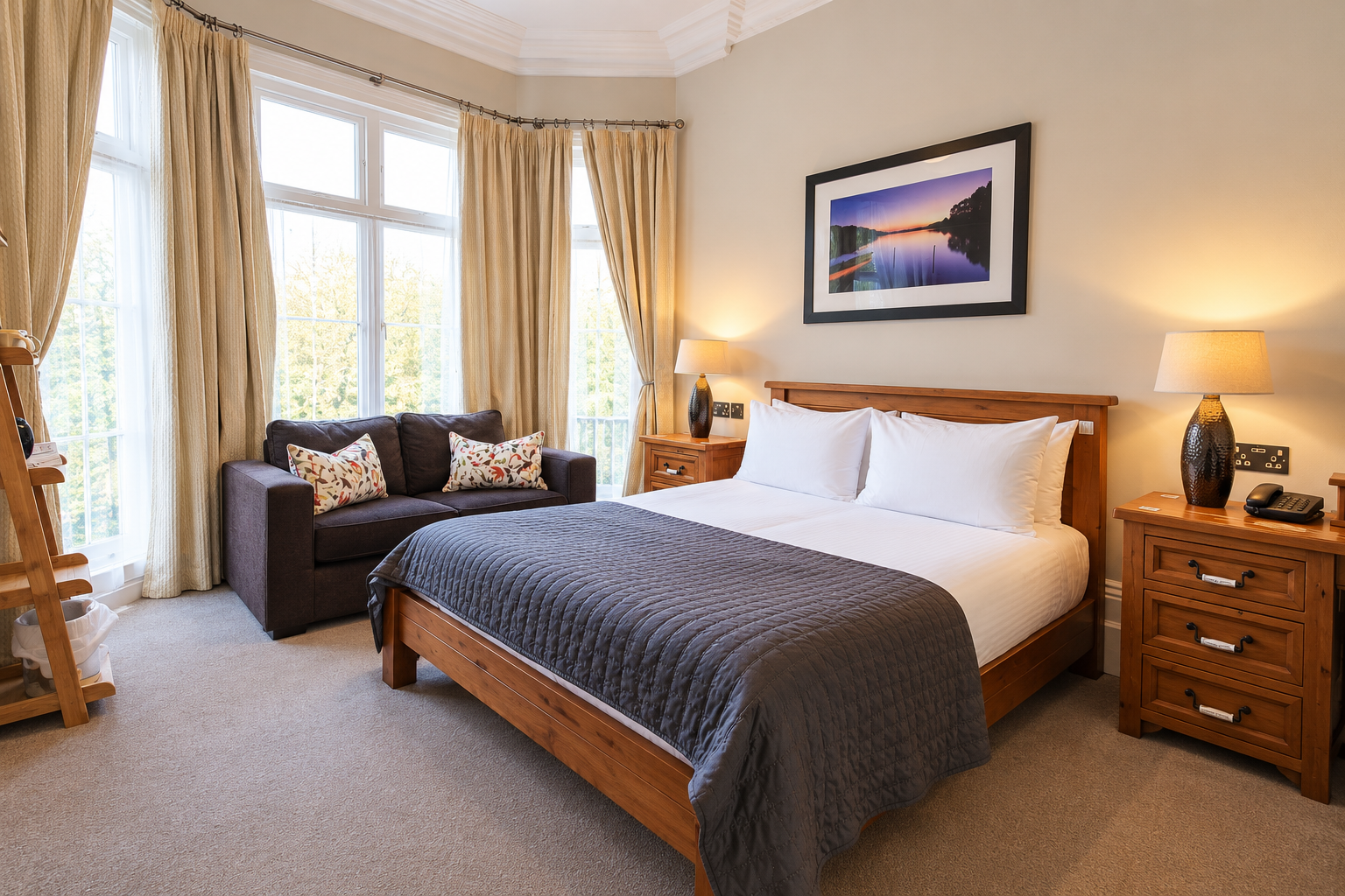 Bay Window hotel room with sofa, large window, double bed