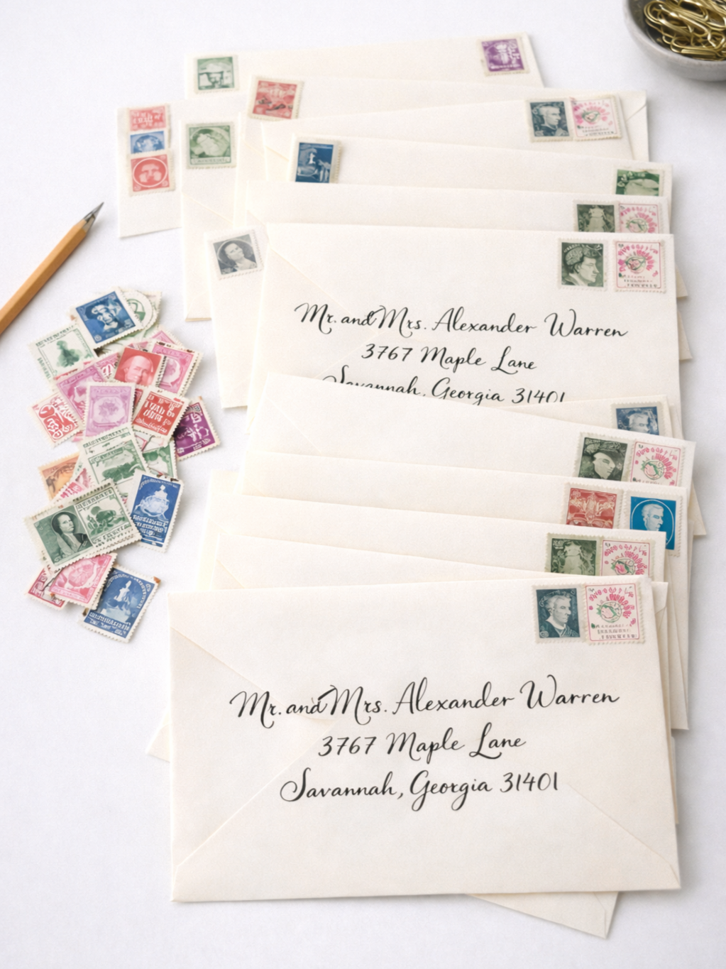 Wedding invitation envelopes laid out on a white surface. The envelopes have black calligraphy and vintage postage.