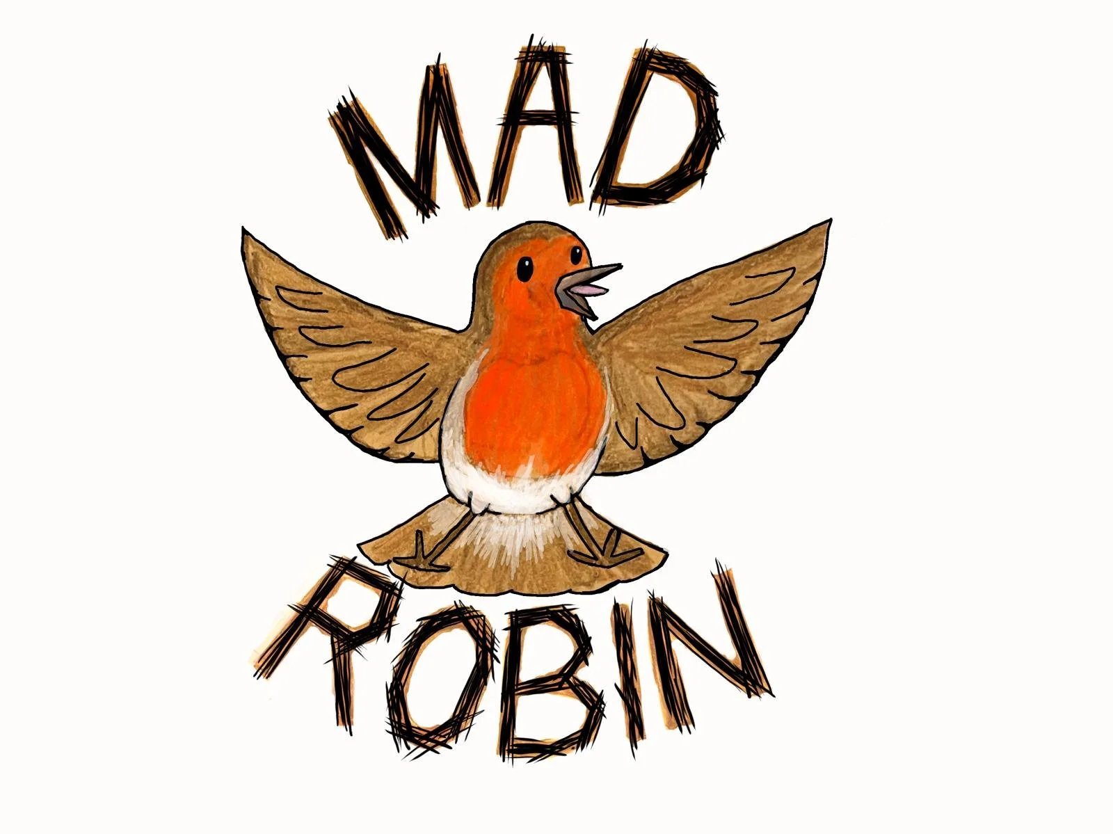Hand-drawn illustration of a robin bird with outstretched wings, the words 'MAD' above it, and 'ROBIN' below it.