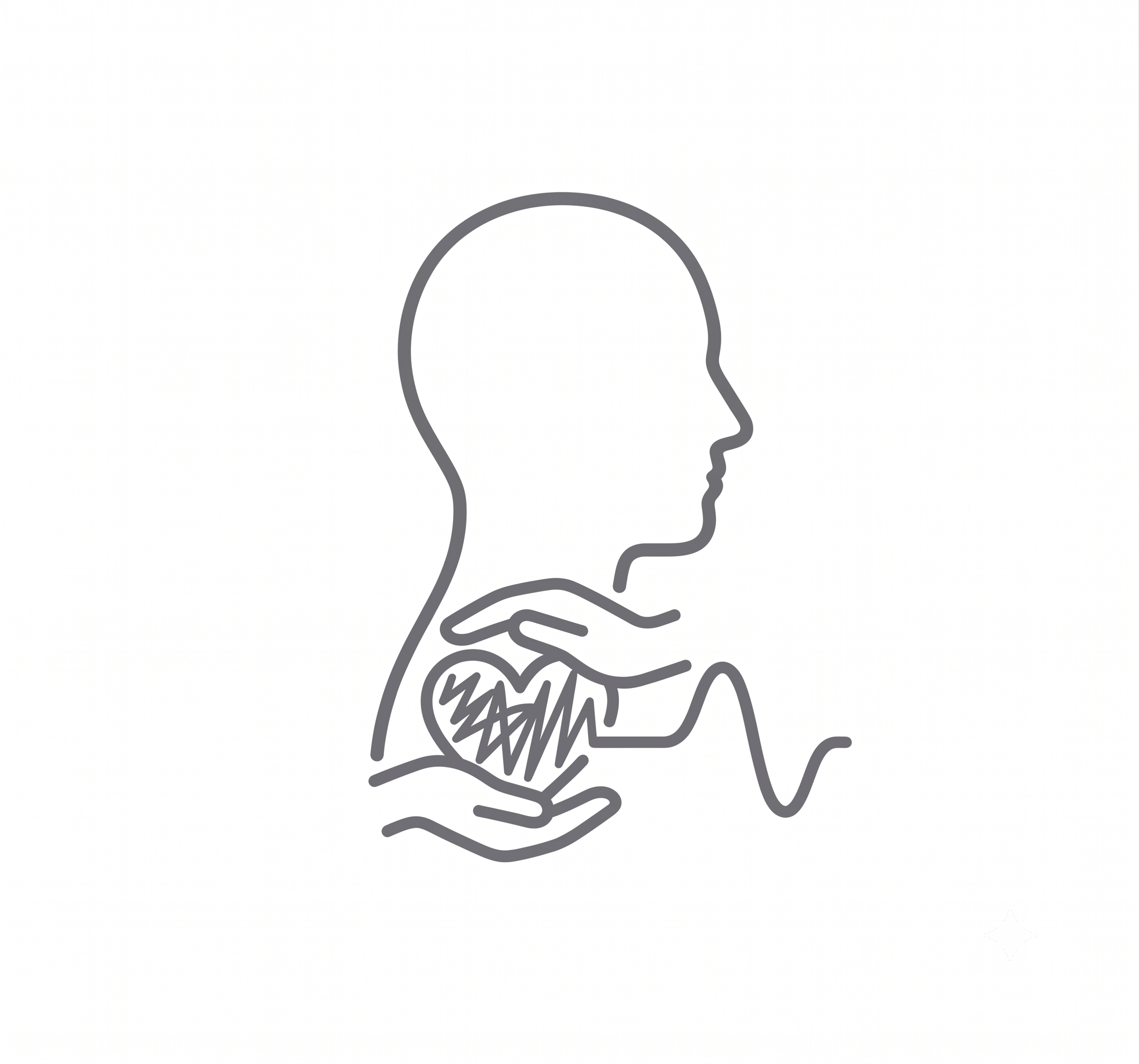 Gray silhouette of a person with their hand on their forehead, with swirled lines and dots indicating confusion or dizziness.