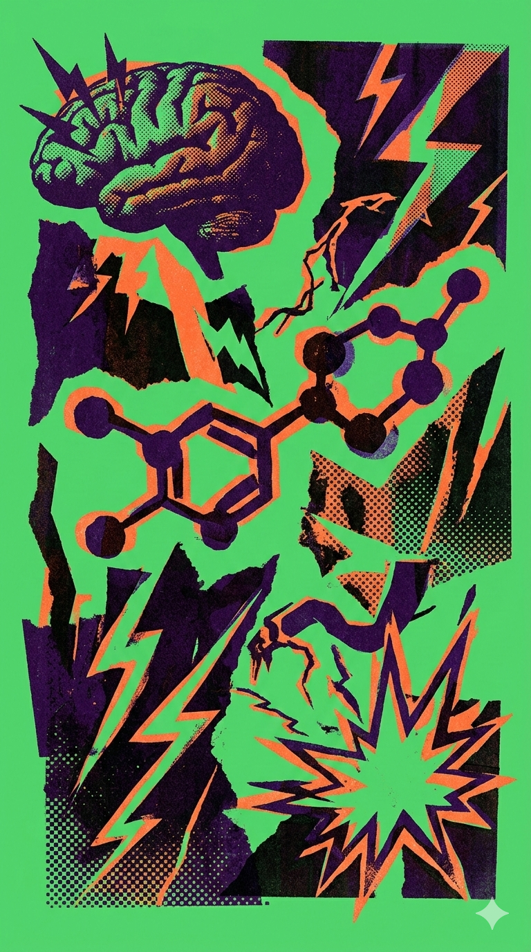 Pop art style collage featuring a brain, lightning bolts, molecular structure, and explosion graphics in vibrant colors on a green background.