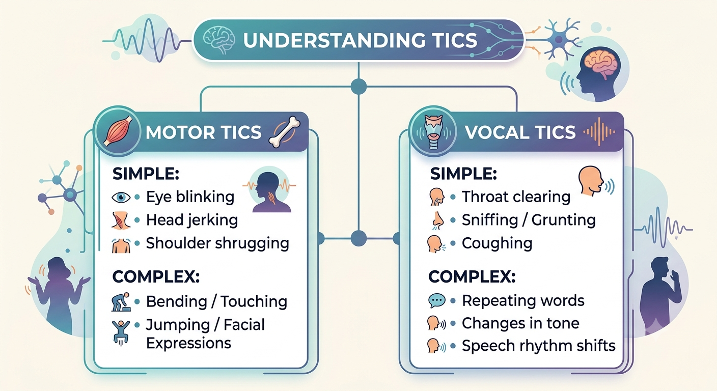 Infographic explaining types of Tics, divided into Motor and Vocal. Motor Tics: Simple (Eye blinking, Head jerking, Shoulder shrugging), Complex (Bending/Touching, Jumping/Facial Expressions). Vocal Tics: Simple (Throat clearing, Sniffing/Grunting, Coughing), Complex (Repeating words, Changes in tone, Speech rhythm shifts).