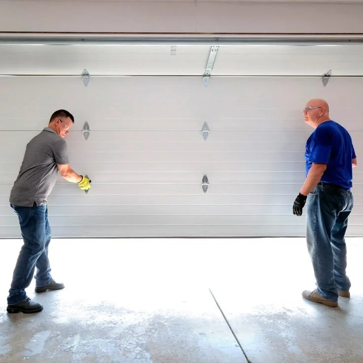 Two men installing or repairing a white garage door inside a garage.