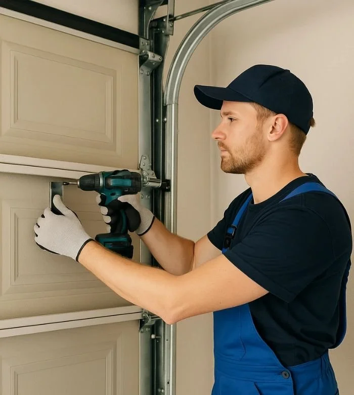 A man in a black cap, black shirt, and blue overalls using a cordless drill to work on a garage door.
