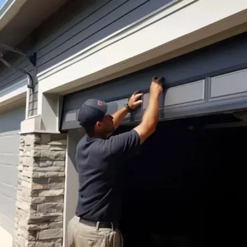 A man installing or repairing a garage door in a residential driveway.