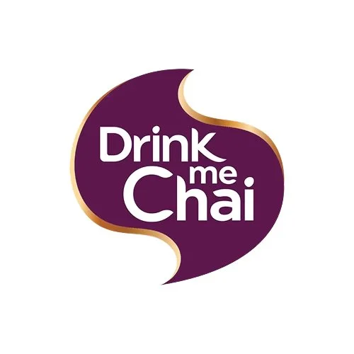Logo for Drink Me Chai with purple and gold design and white text.