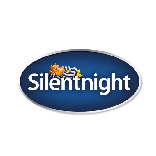 A logo for Silentnight featuring a pig dressed in blue and white striped pajamas lying on its side on top of the text, which is on a blue oval background.