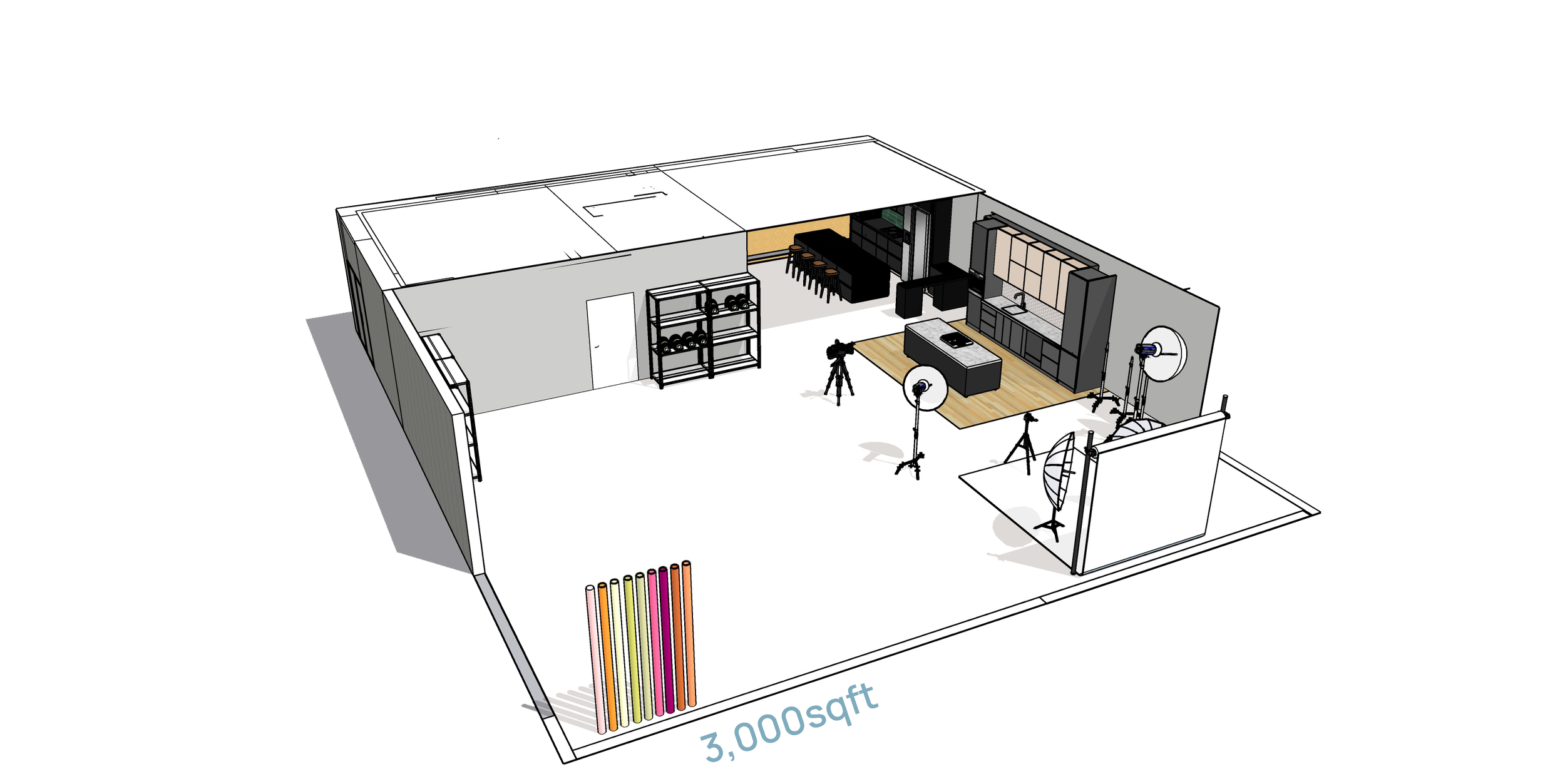 3,000 square foot professional photography studio with a large open space, photo lighting equipment, backdrops, and a kitchen area at the back.