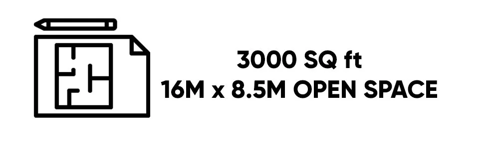 Icon of a blueprint with a pen, indicating planning or construction, next to text stating 3,000 square feet, 16 meters by 8.5 meters open space.