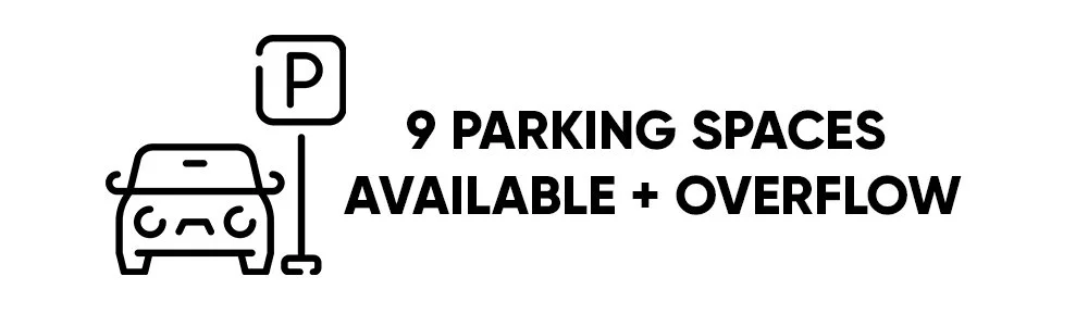 Icon of a car parked next to a parking sign and the text "9 Parking Spaces Available + Overflow".