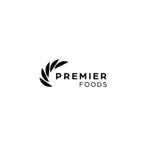Premier Foods logo with black leaf-like design and text.