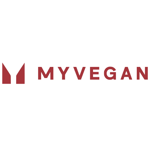 MyVegan logo with a stylized leaf icon and the text "MYVEGAN" in maroon.