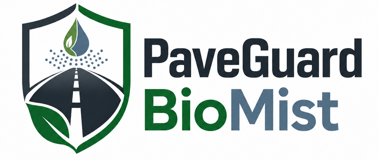 Logo for PaveGuard BioMist featuring a shield with a road and leaves, and a droplet of liquid with green and blue elements.
