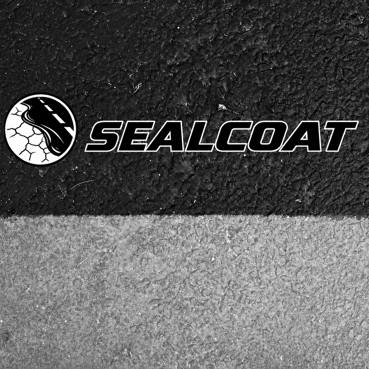 Close-up image of a sealcoat surface with a logo and the text 'Sealcoat'.