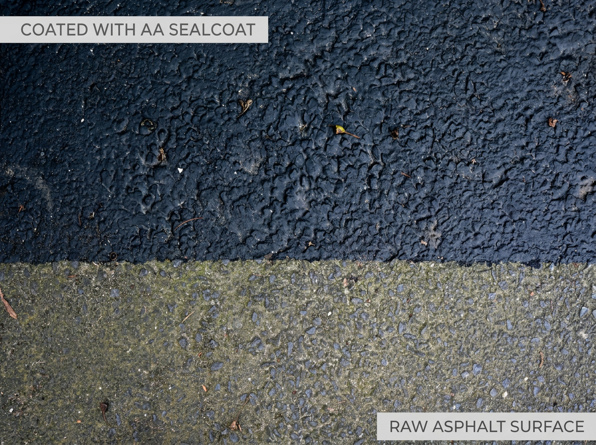 Close-up image showing a comparison between a rough, dark asphalt surface coated with AA sealcoat and a rough, gray, raw asphalt surface.