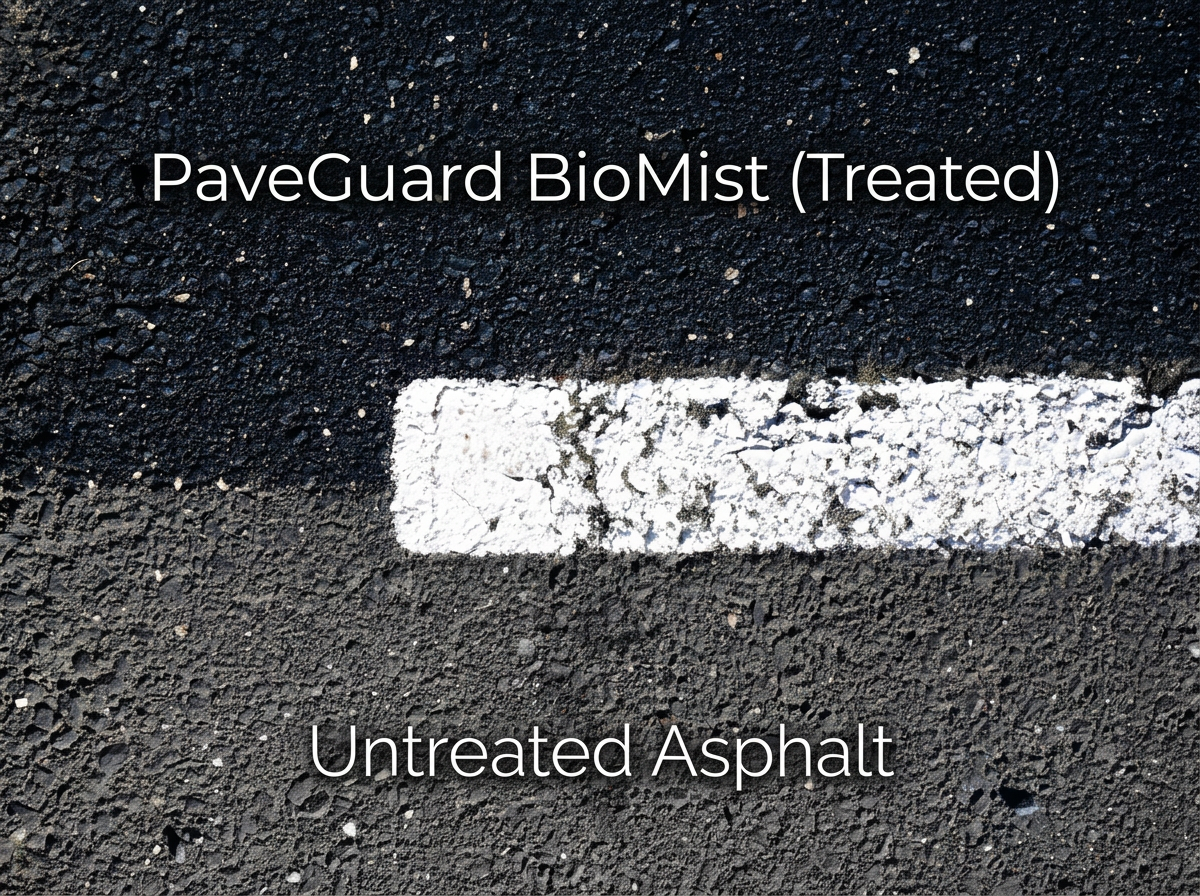 A comparison between treated and untreated asphalt surface, with a white line indicating treated pavement on darker asphalt