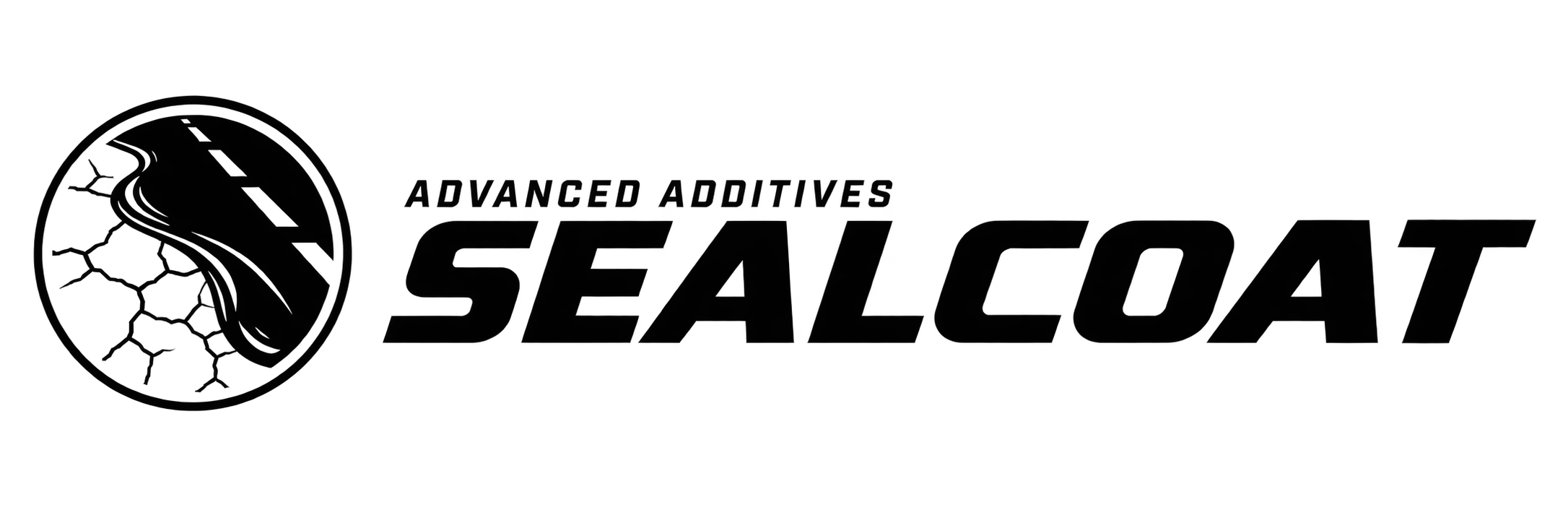 Logo for Sealcoat, an advanced additives brand, featuring a stylized black road with a crack in the pavement and the brand name in bold black letters.