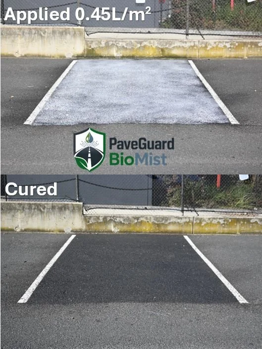 Side-by-side comparison photo showing a parking space before and after being treated with PaveGuard BioMist. The top image has applied treatment, highlighting a parking space with a textured surface and a moisture level of 0.45 liters per square meter, while the bottom image shows the same parking space after repairs, looking smooth and dry.