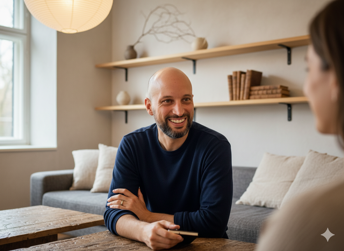 Zwei Personen im Gespräch in einem Wohnzimmer, Männerlächeln, bequeme Couch, Fenster, Holzregale mit Büchern und Dekorationen, warmes Licht