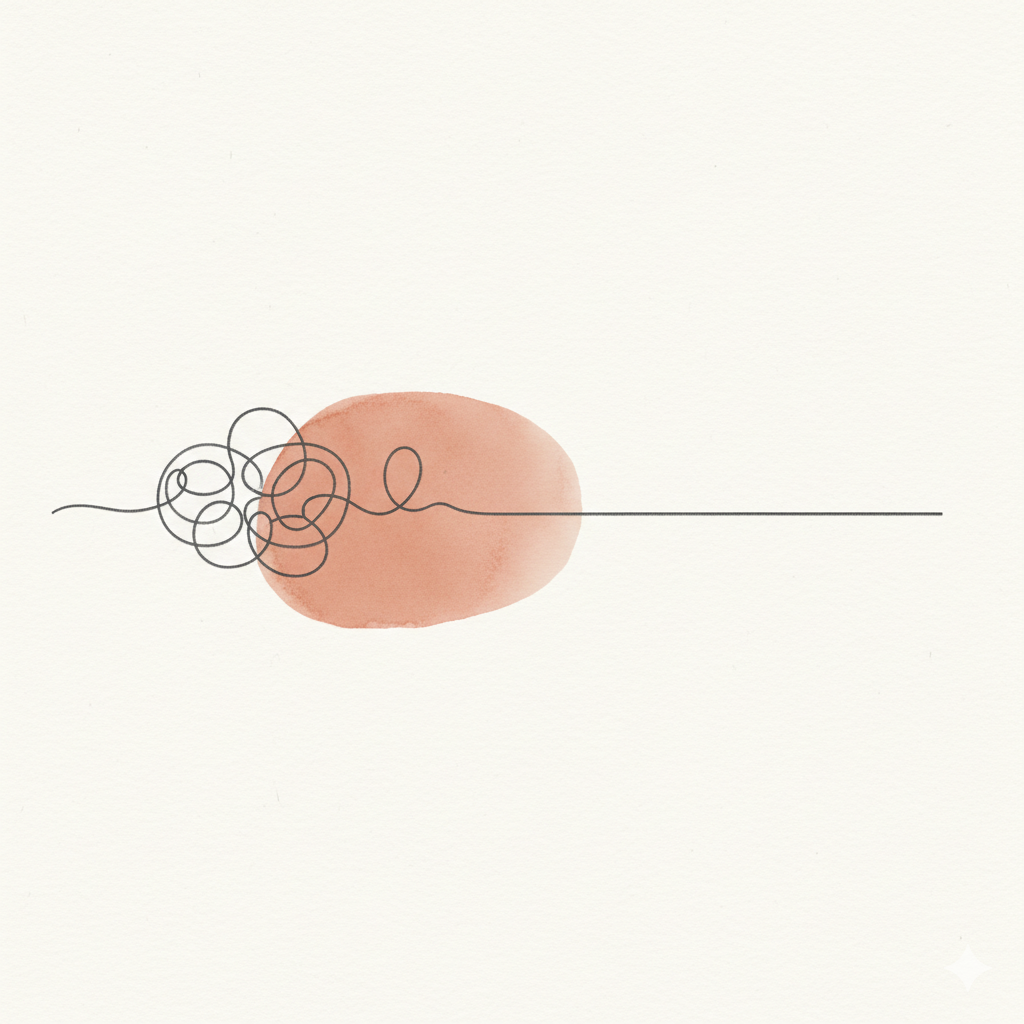 Eine minimale Illustration mit einem rosa-braunen ovalen Fleck, einem schwarzen Linienwirrwarr und einer langen, geraden Linie auf weißem Hintergrund.