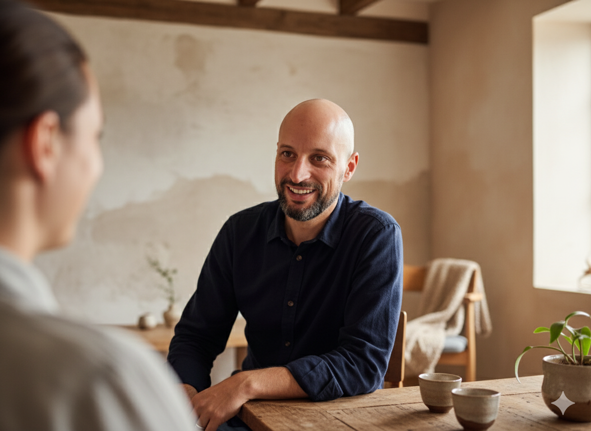 Zwei Personen sitzen an einem Holztisch in einem gemütlichen Raum, unterhalten sich, mit einer Pflanze und Tassen auf dem Tisch.