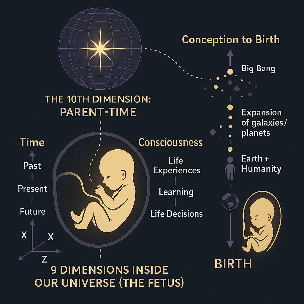 Diagram illustrating the 10th dimension, parent-time, and the journey from conception to birth. It shows the universe's expansion, life experiences, and consciousness in relation to time and dimensions, with a fetus at the center.