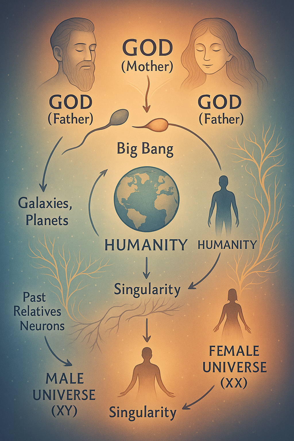 Diagram illustrating the Christian creation story, showing God the Father, God the Mother, and God the Father creating the Big Bang, galaxies, planets, and humanity. Humanity branches into male and female universes, with links to past relatives, neurons, and the universe.