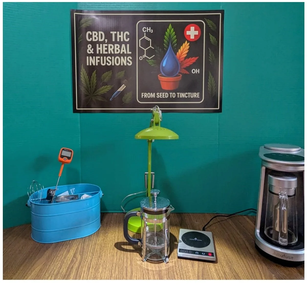 CBD and herbal tincture infusion setup with lab equipment and cannabis décor.