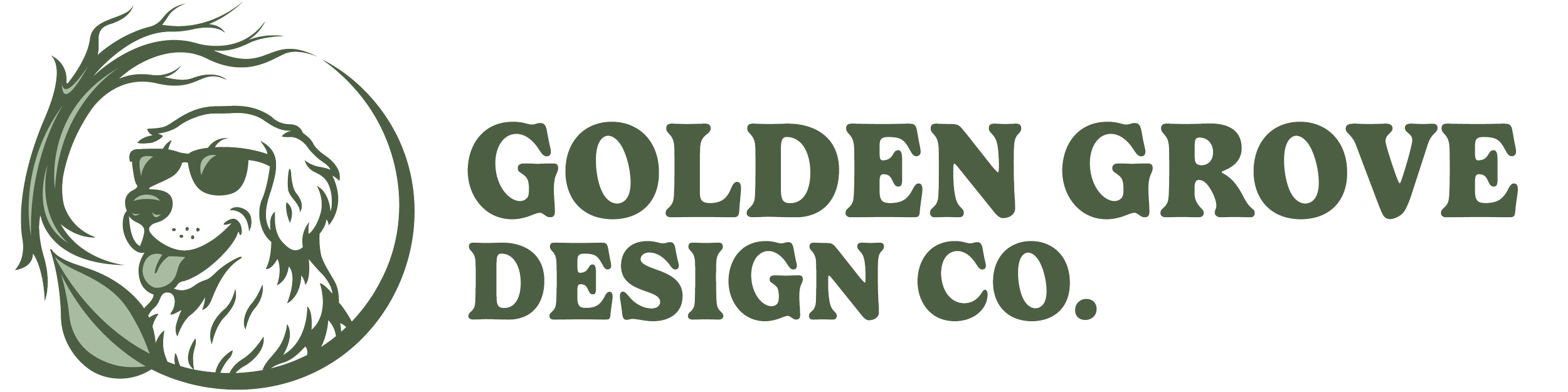 Logo for Golden Grove Design Co., featuring a cartoon dog wearing sunglasses with a leafy background.
