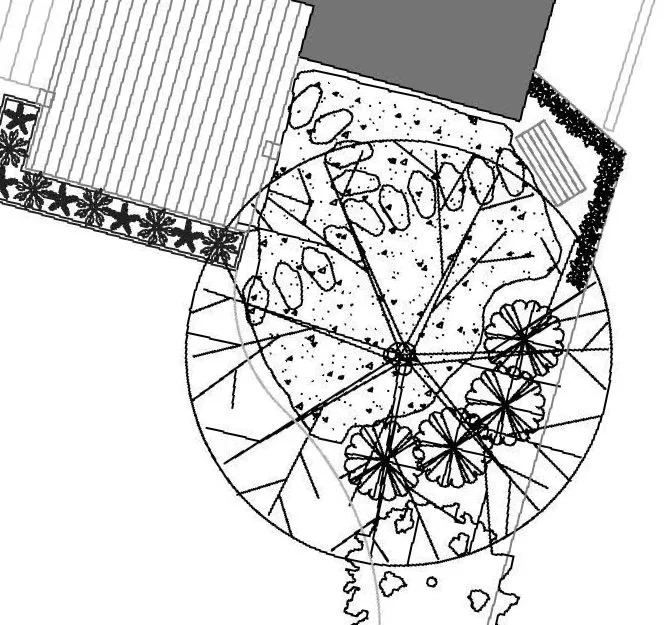 Layout sketch of a backyard landscape design with pathways, trees, and surrounding structures.