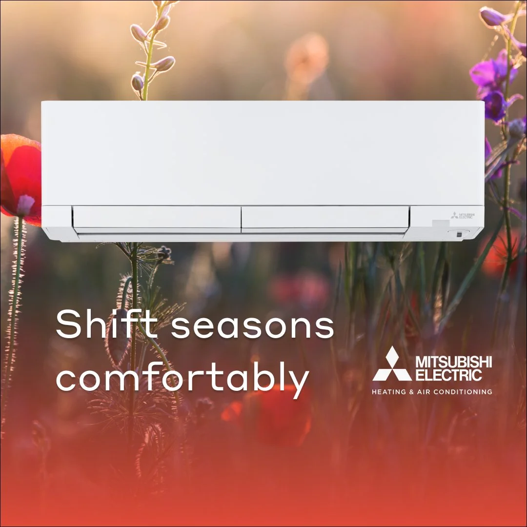 An air conditioning unit against a blurred garden background with flowers and warm sunlight, with the caption "Shift seasons comfortably" and Mitsubishi Electric logo.