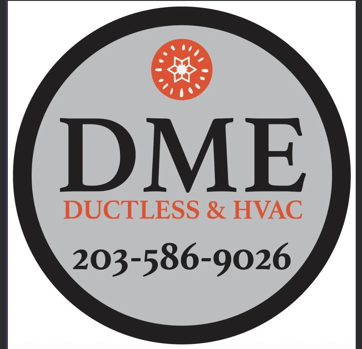 Logo for DME Ductless & HVAC with a gray background, black circle border, red and black text, and a red decorative icon at the top.