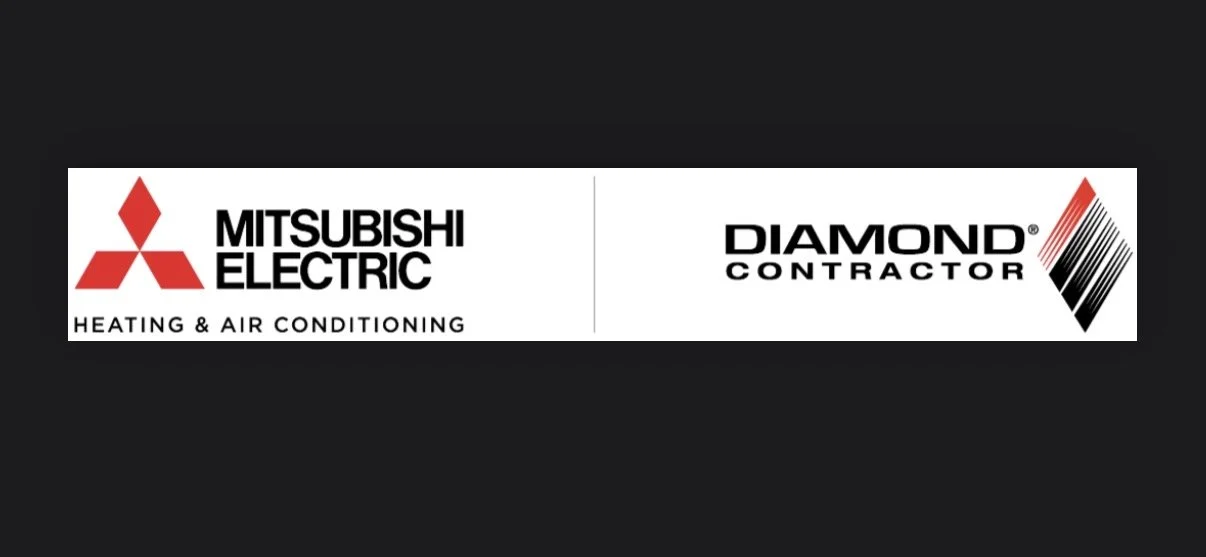 Logo of Mitsubishi Electric with text 'Heating & Air Conditioning' and logo of Diamond Contractor on a black background.