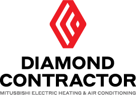 Logo of Mitsubishi Electric Heating & Air Conditioning, featuring a red diamond-shaped emblem and black text.