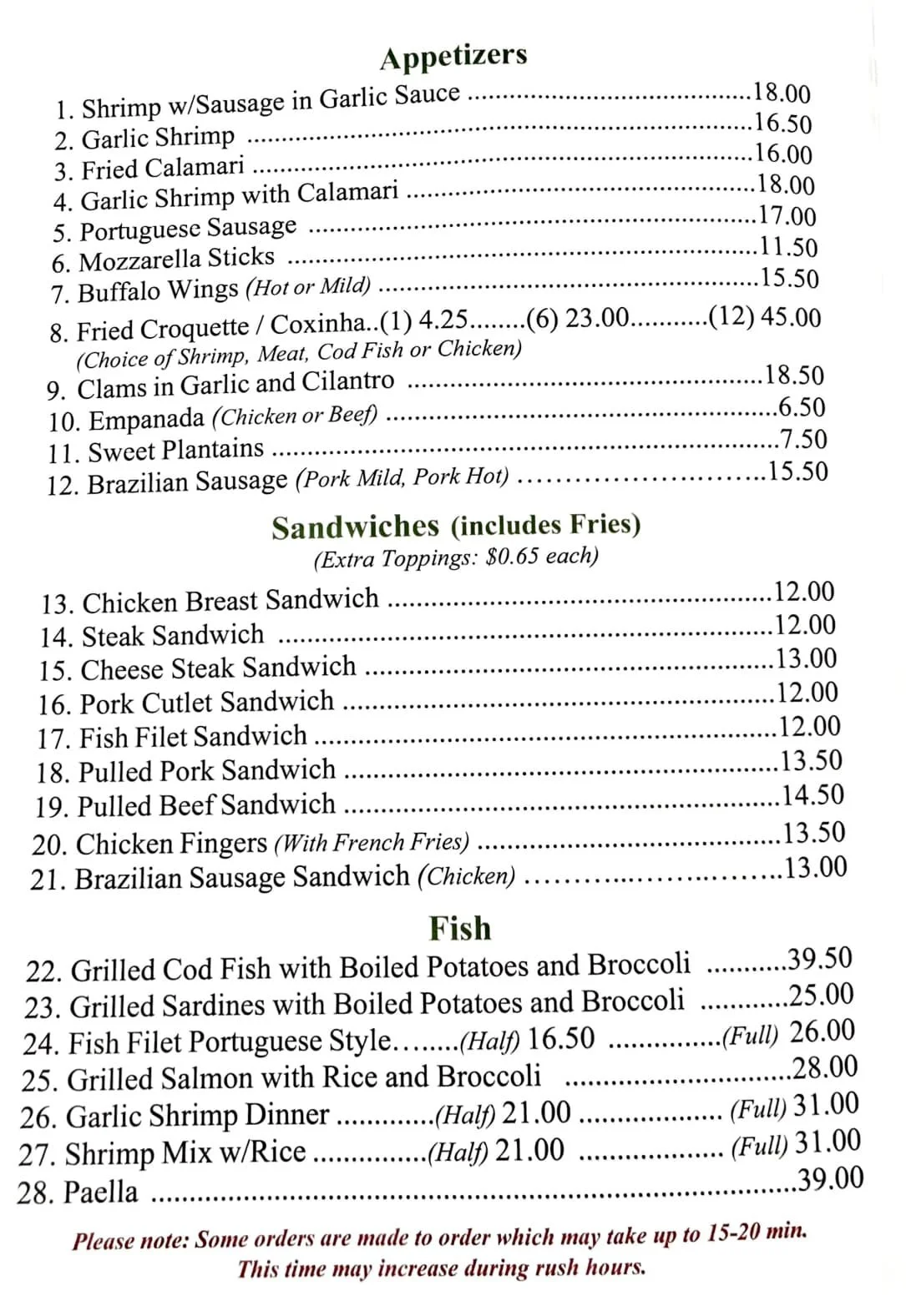 Appetizers, Sandiwches and Fish