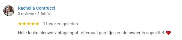 Screenshot of a review for a vintage spot from Rachella Contrucci, mentioning it is a nice new vintage location with friendly owners, in Dutch.