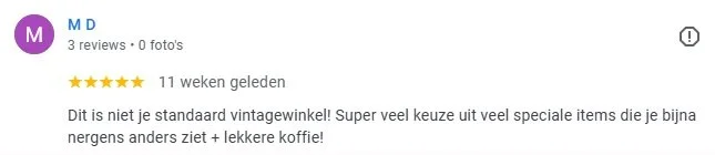 Screenshot of a Google review for a vintage shop, showing 3 reviews, 11 weeks ago, with five-star rating in Dutch.