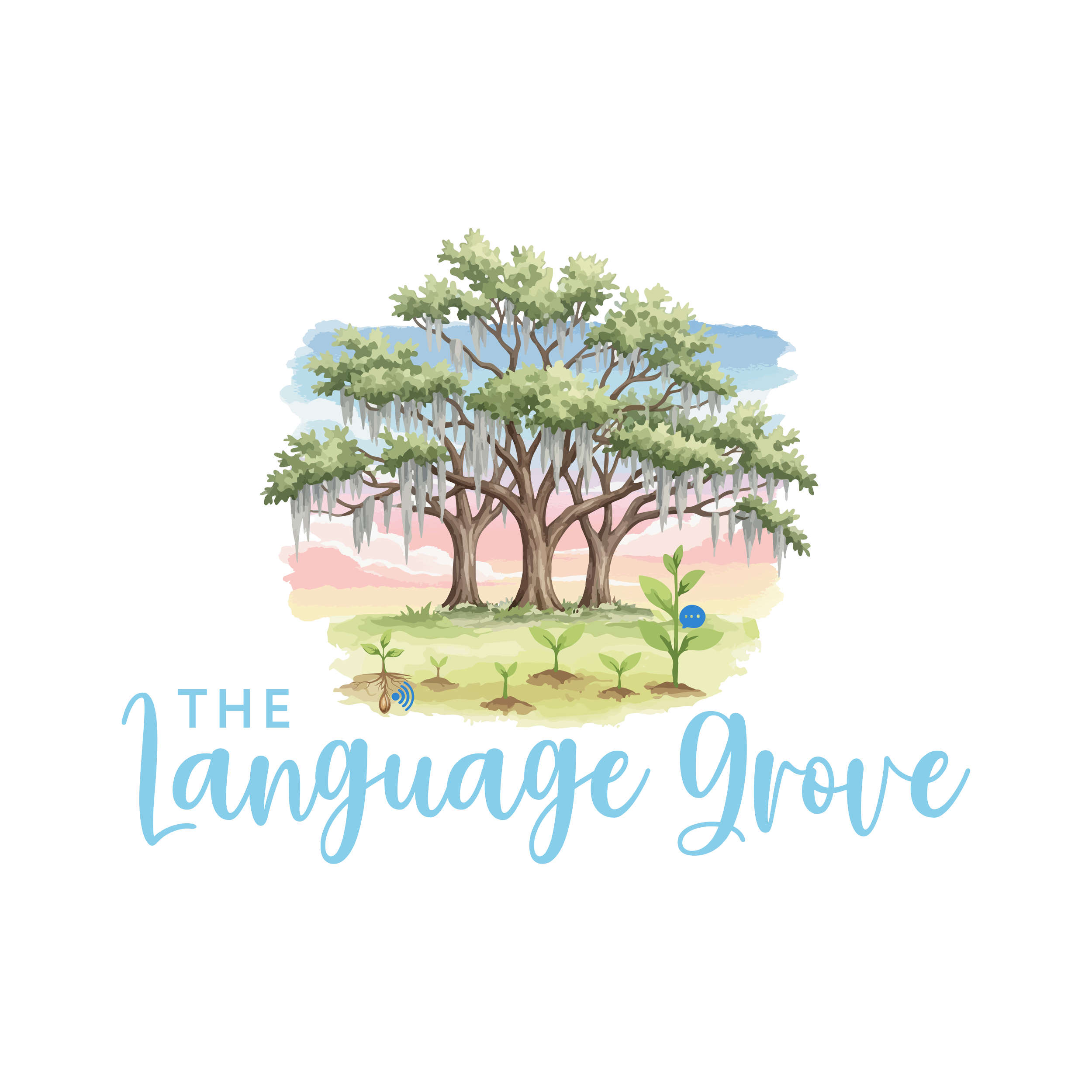 Illustration of a tree with hanging Spanish moss, smaller plants growing at its base, and the words "The Language Grove" written in blue cursive text.