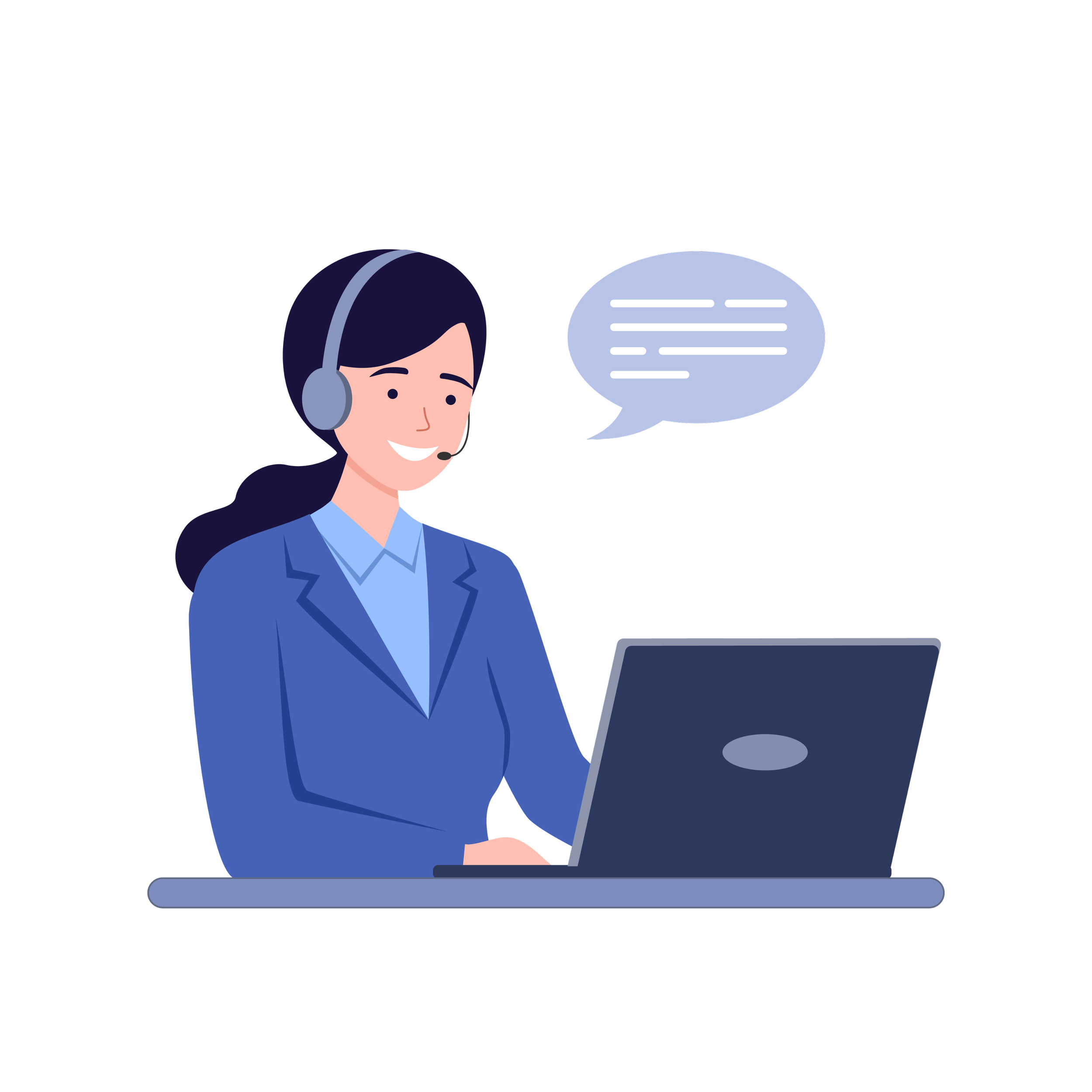 Nainen työskentelee tietokoneella ja puhuu kuulokkeet päässä, ikkunan taustalla.