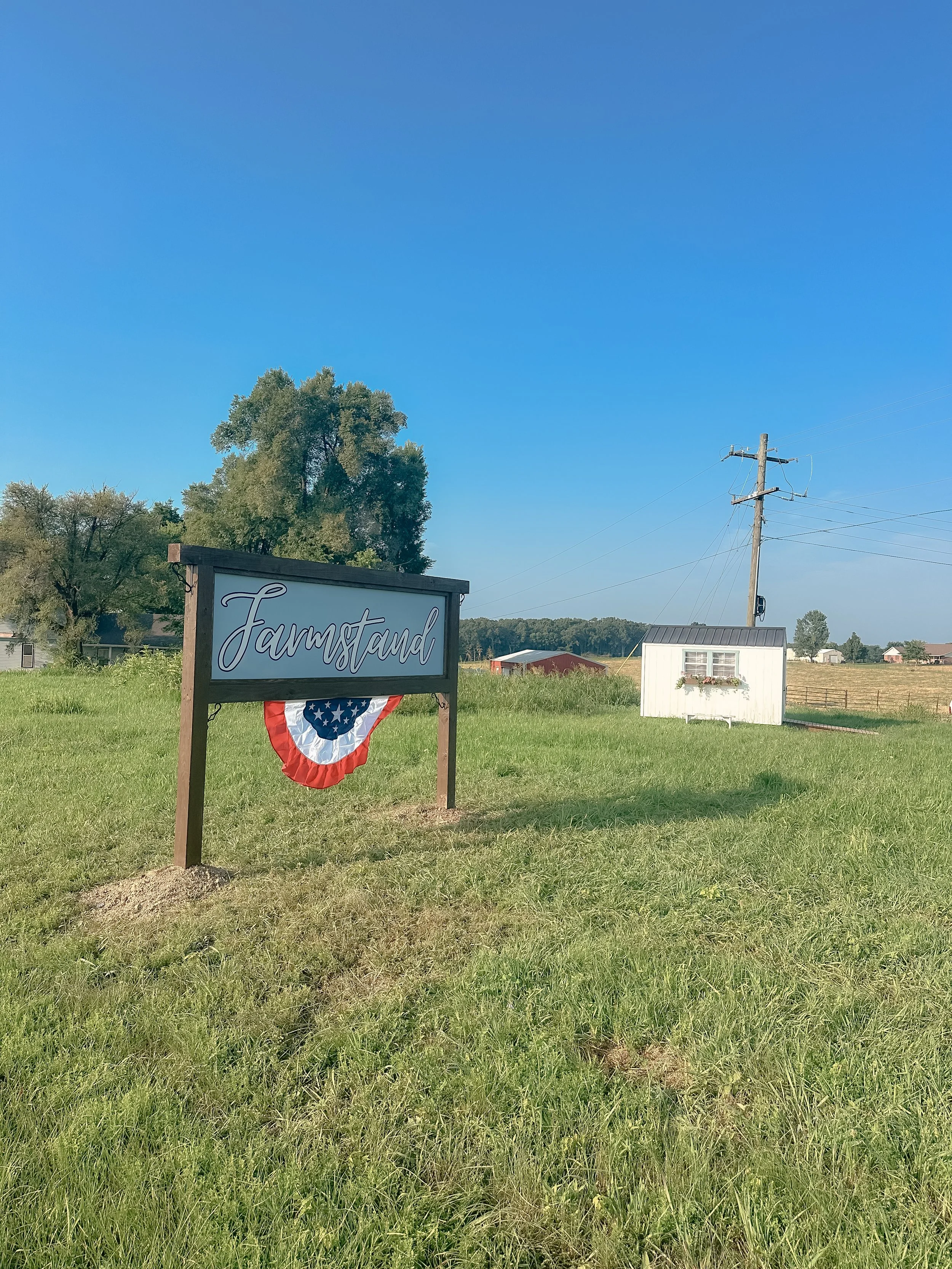 A rural farm scene with a sign that reads 'Farmstand,' a patriotic bunting decoration, a large tree, and a utility pole, under a bright blue sky.
