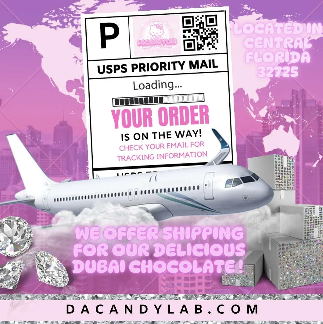A pink and purple digital collage featuring a USPS priority mail shipping label, an airplane flying above clouds, and sparkling diamonds. The background shows a city skyline with a world map outline, and text promoting Dubai chocolates and online order tracking. The website dacandylab.com is displayed at the bottom.