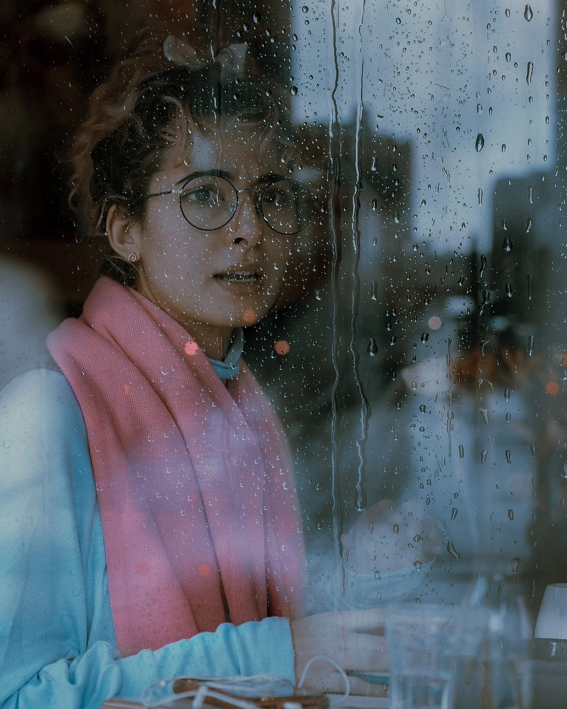 Woman with glasses and a pink scarf seen through a rain-streaked café window, reflective mood — Dublin street photography, Photo by Daniya.