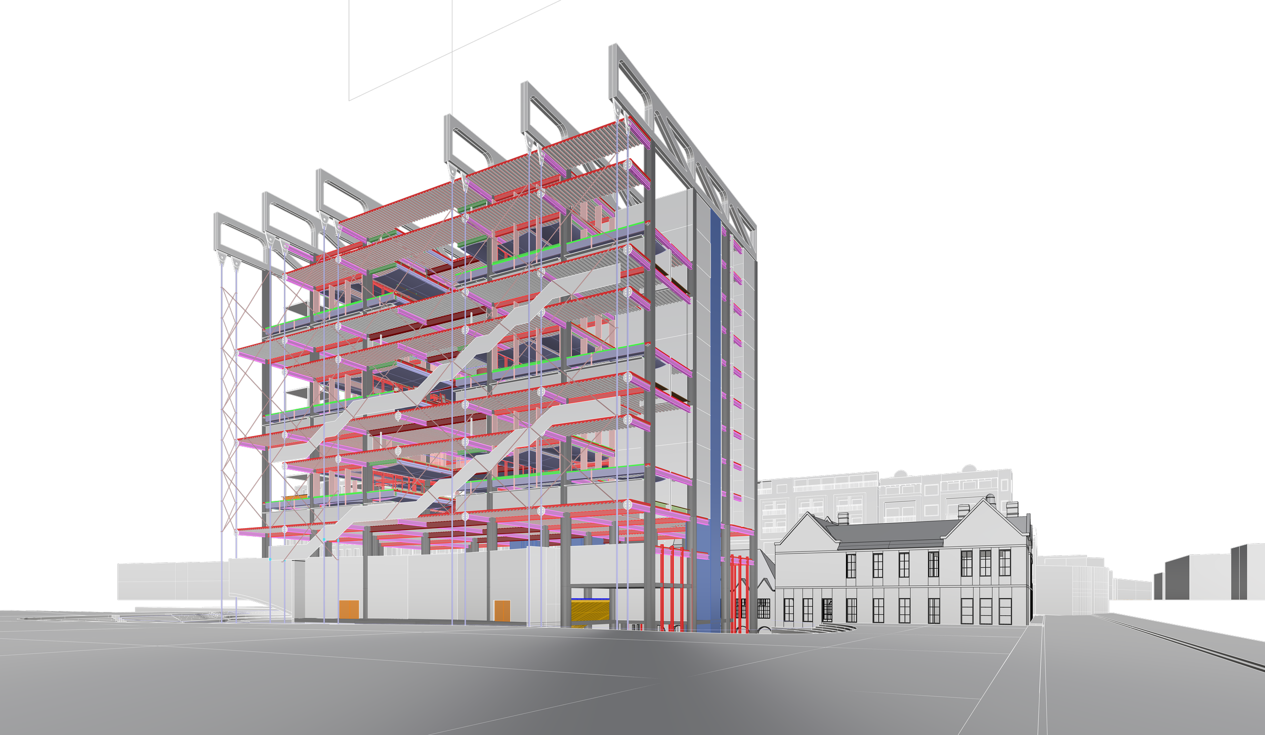 A digital rendering of a multistory building under construction, showing a steel framework, floors, and staircases, with neighboring completed buildings in the background, set against a black sky.
