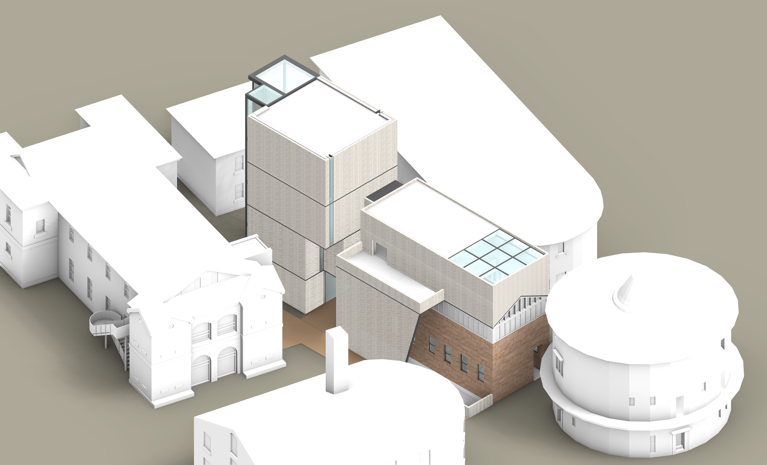 A digital architectural rendering of a modern building complex with various sections, including a glass-roofed structure and rounded tower, seen from an aerial perspective.
