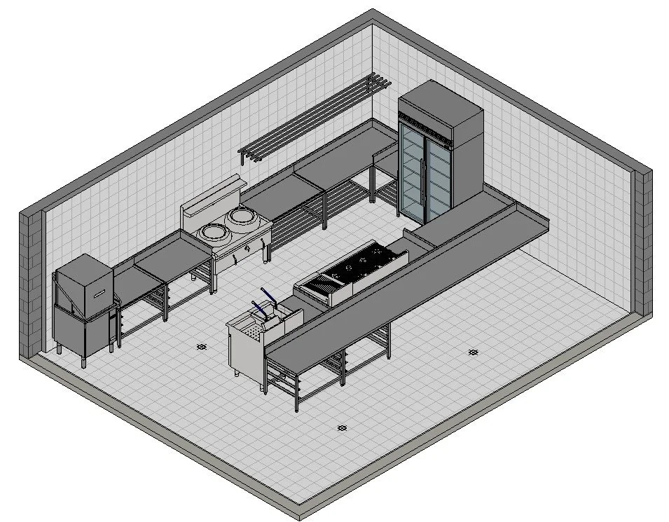 3D rendering of a commercial kitchen with stainless steel appliances, countertops, a refrigerator, a stove, and storage shelves.