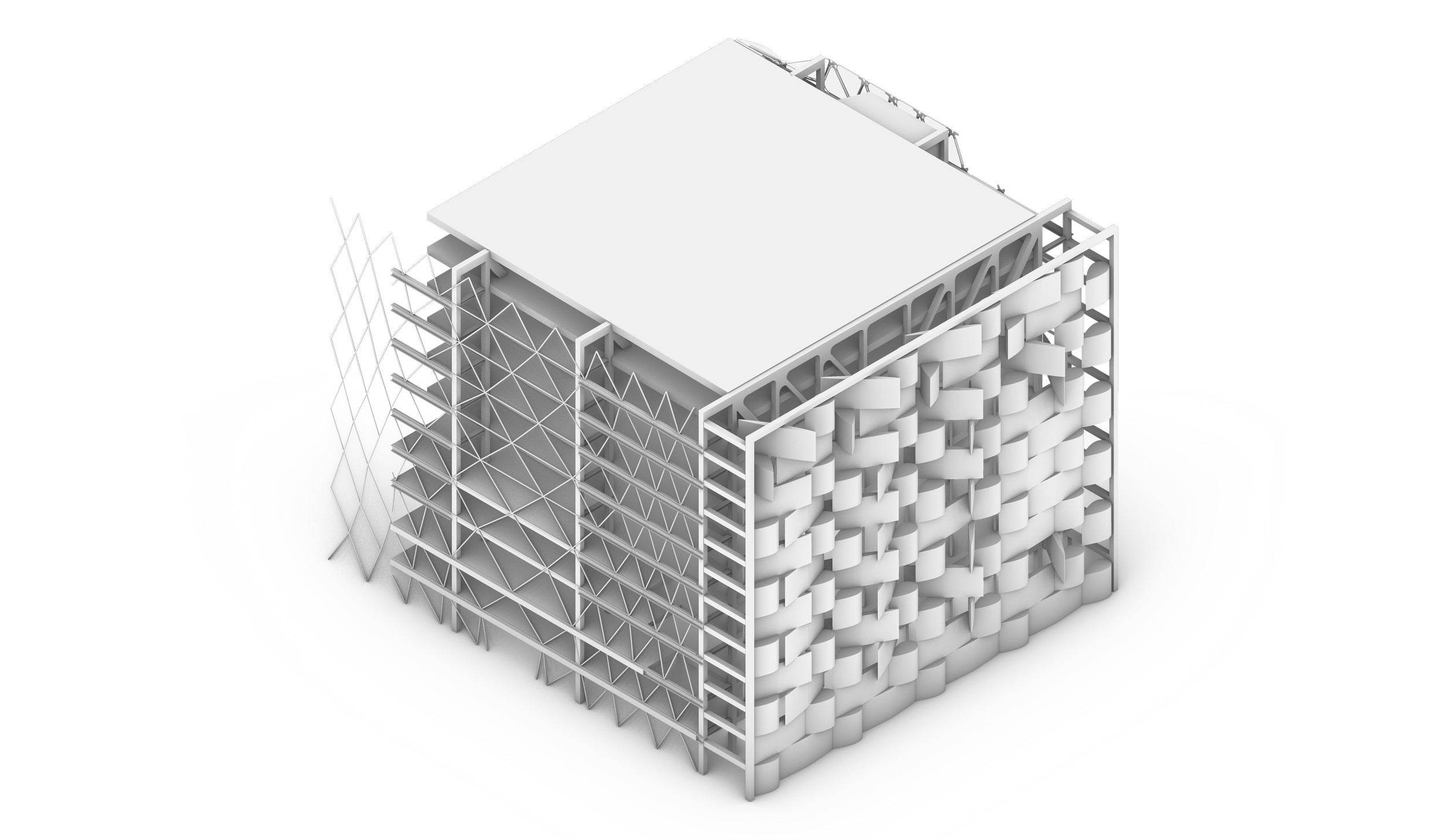 3D rendering of a modern multi-story building under construction with a partially finished exterior and structural framework visible.